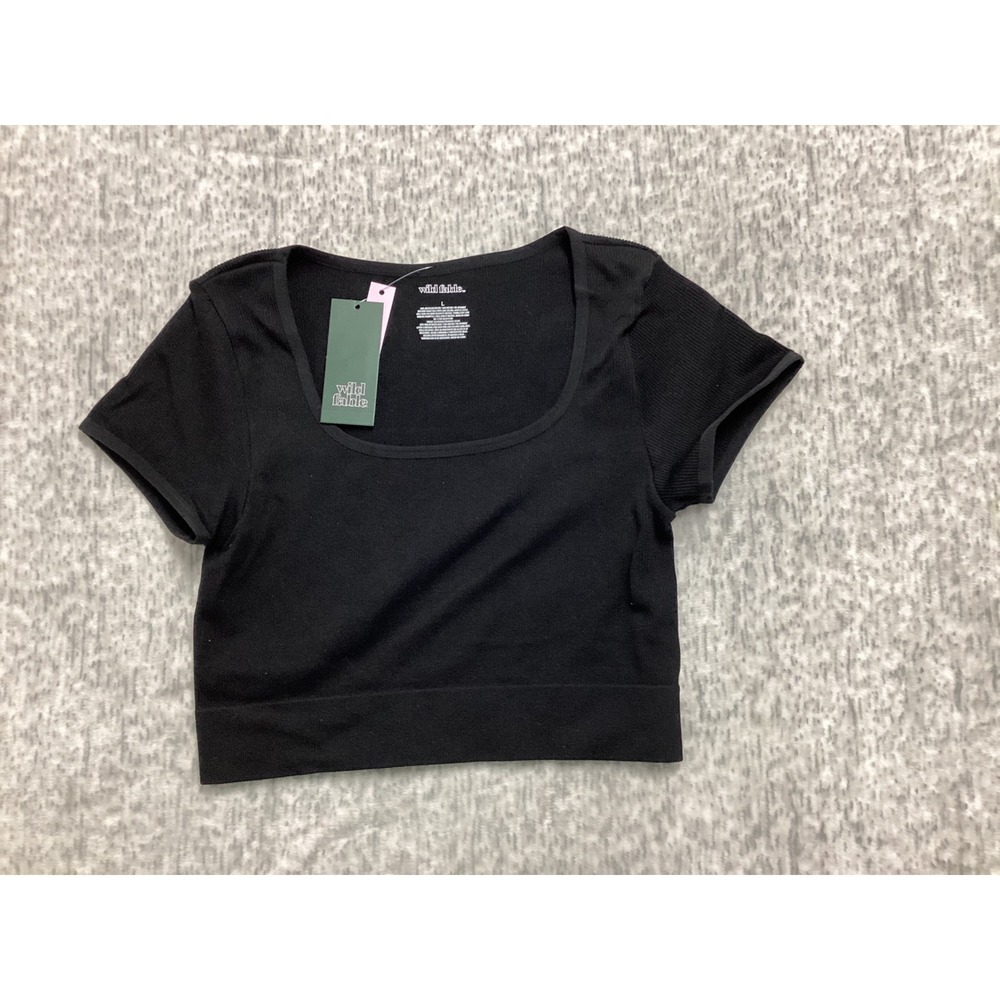 Wild Fable Womens Seamless Ribbed Scoop Neck Short Sleeve Crop Top Black Large